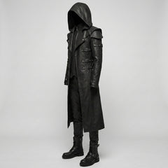 Side view of men’s black hooded leather trench coat with long leather coat shape, handmade gothic style, and dark anime fashion look. - Rizwards Leather