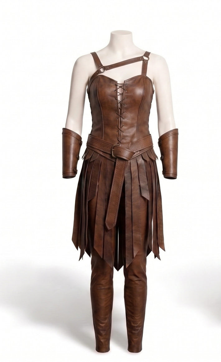 Women’s Brown Leather Renaissance Dress | Viking Queen Dress | Leather Corset Dress | Ren Faire Costume | Battle-Worn Aging Leather