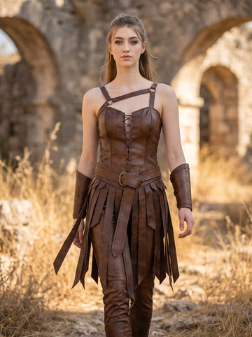 Women’s Brown Leather Renaissance Dress | Viking Queen Dress | Leather Corset Dress | Ren Faire Costume | Battle-Worn Aging Leather