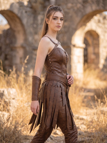 Women’s Brown Leather Renaissance Dress | Viking Queen Dress | Leather Corset Dress | Ren Faire Costume | Battle-Worn Aging Leather