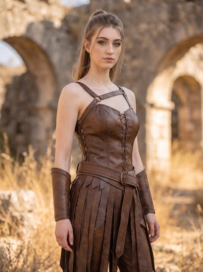 Women’s Brown Leather Renaissance Dress | Viking Queen Dress | Leather Corset Dress | Ren Faire Costume | Battle-Worn Aging Leather
