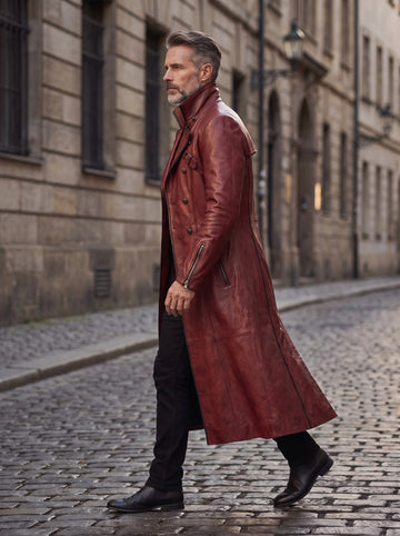 Red Leather Trench Coat | Vintage Trenchcoat | Leather Long Coat | Long Red Coat | Goth Clothes | Custom Winter Coat