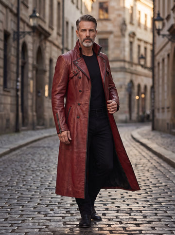 Red Leather Trench Coat | Vintage Trenchcoat | Leather Long Coat | Long Red Coat | Goth Clothes | Custom Winter Coat