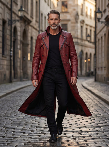 Red Leather Trench Coat | Vintage Trenchcoat | Leather Long Coat | Long Red Coat | Goth Clothes | Custom Winter Coat