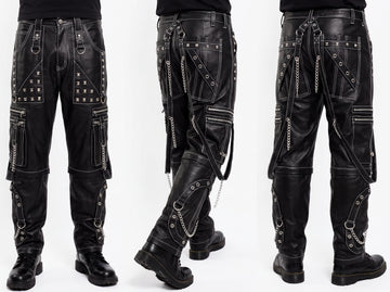 Men’s Black Leather Cargo Pants | Gothic Cyberpunk Pants | Studded Chain Goth Pants | Multi Pocket Biker Trousers | Custom Leather Pants