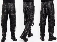 Men’s Black Leather Cargo Pants | Gothic Cyberpunk Pants | Studded Chain Goth Pants | Multi Pocket Biker Trousers | Custom Leather Pants