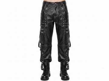 Men’s Black Leather Cargo Pants | Gothic Cyberpunk Pants | Studded Chain Goth Pants | Multi Pocket Biker Trousers | Custom Leather Pants