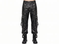 Men’s Black Leather Cargo Pants | Gothic Cyberpunk Pants | Studded Chain Goth Pants | Multi Pocket Biker Trousers | Custom Leather Pants