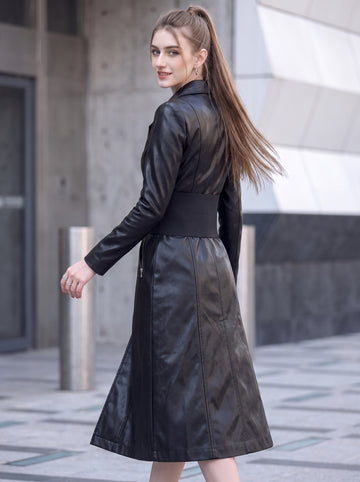 Corporate Goth Leather Trench Coat | Women’s Black Long Coat Dress | Punk Biker Princess Coat | Gothic Leather Coat