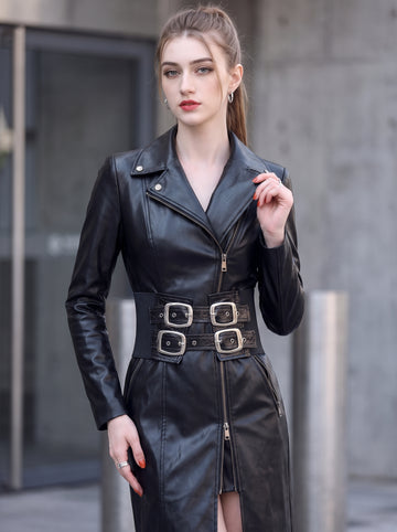 Corporate Goth Leather Trench Coat | Women’s Black Long Coat Dress | Punk Biker Princess Coat | Gothic Leather Coat