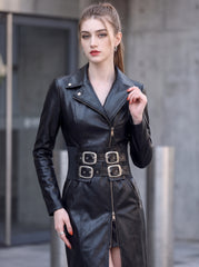 Corporate Goth Leather Trench Coat | Women’s Black Long Coat Dress | Punk Biker Princess Coat | Gothic Leather Coat