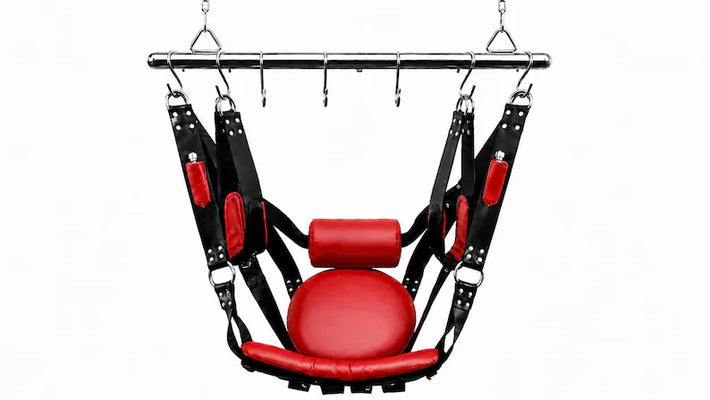 Black and Red Leather Sex Swing & Sling | Padded Sex Furniture for Couples | Hanging Ceiling Swing with Rod