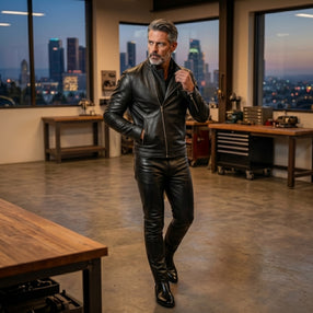 Black Genuine Leather Jacket & Pants Set | Men's Biker Jacket, Leather Pants |Cyberpunk Motorcycle Outfit