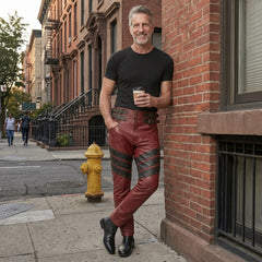 Men's Red Genuine Leather Pants with Black Studded Panels