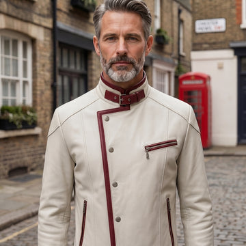 White Red Leather Jacket, Men's Genuine Leather Cyberpunk Racing Jacket