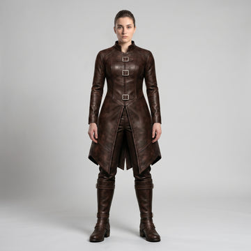 Viking Costume for Women | Brown Leather Coat, Pants & Combat Boots