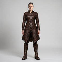 Viking Costume for Women | Brown Leather Coat, Pants & Combat Boots