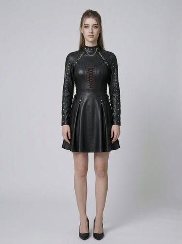 Black leather mini dress with flared A-line skater skirt, long sleeves, gothic chain collar, studded details and lace up corset front - Rizwards Leather