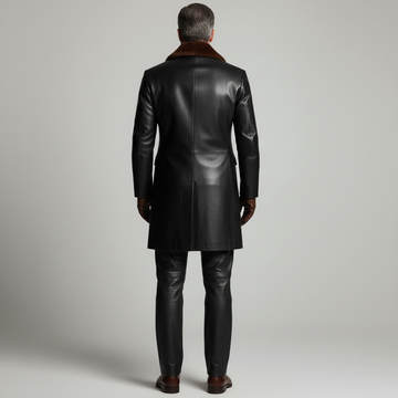 Men’s Black Leather Coat with Fur Collar – Luxury Winter Outerwear