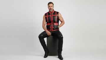 Men’s Black PU Leather Vest with Red Strips – Bold Luxury Statement Wear