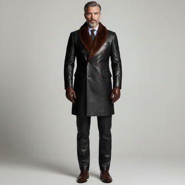 Men’s Black Leather Coat with Fur Collar – Luxury Winter Outerwear