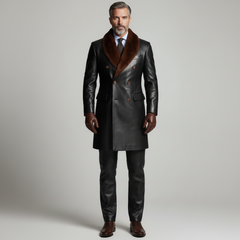 Men’s Black Leather Coat with Fur Collar – Luxury Winter Outerwear