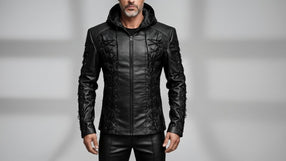 Men’s black hooded lace-up leather jacket front view