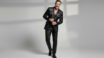 Men’s black leather utility blazer front view