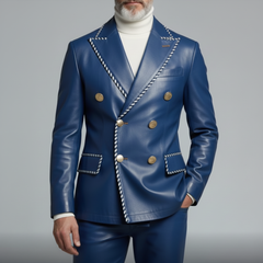 Men's blue faux leather double-breasted blazer with contrast stitching