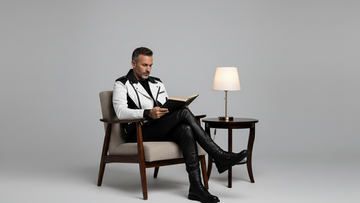 Men’s black and white asymmetrical leather biker jacket front view