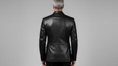 Men’s Black Leather Blazer with Red Asymmetrical Accent – Statement Fashion Jacket