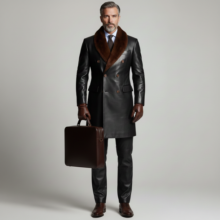 Men’s Black Leather Coat with Fur Collar – Luxury Winter Outerwear