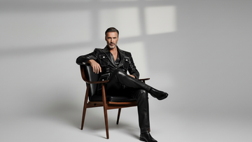 Men’s black leather utility blazer front view