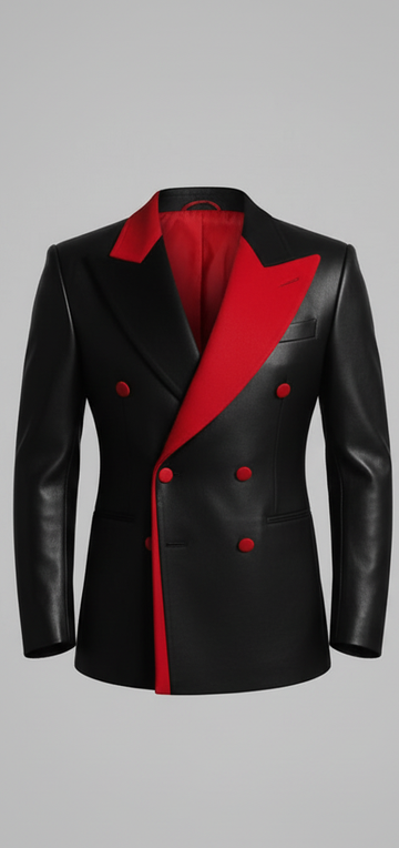 Black men’s leather blazer with red faux leather detailing