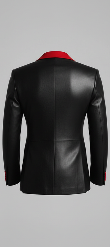 Black men’s leather blazer with red faux leather detailing