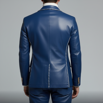 Men's blue faux leather double-breasted blazer with contrast stitching