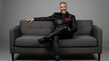 Men’s black leather blazer with red asymmetrical accent