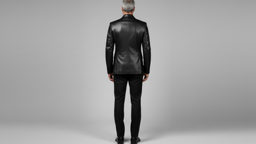 Men’s black leather blazer with red asymmetrical accent