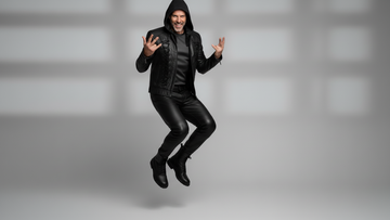 Men’s black hooded lace-up leather jacket front view