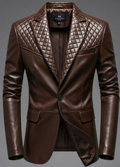 Close-up of quilted shoulders and collar on brown faux leather blazer