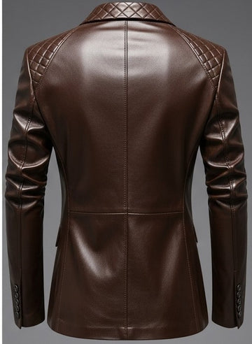 Men’s brown faux leather blazer with quilted shoulders and collar