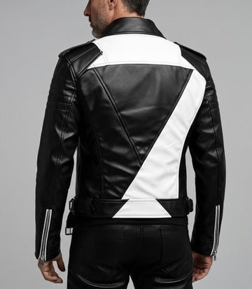 Men’s black and white asymmetrical leather biker jacket front view