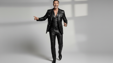 Men’s black leather utility blazer front view