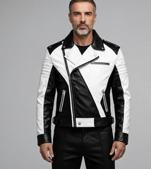 Men’s black and white asymmetrical leather biker jacket front view