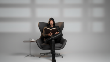 Men’s black hooded lace-up leather jacket front view