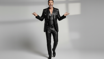 Men’s black leather utility blazer front view