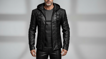 Men’s black hooded lace-up leather jacket front view
