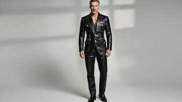 Men’s black leather utility blazer front view