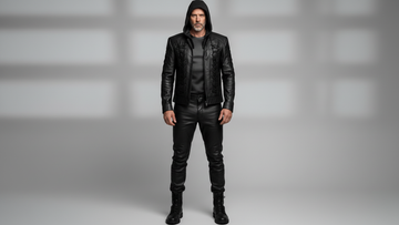 Men’s black hooded lace-up leather jacket front view