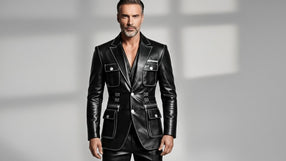 Men’s black leather utility blazer front view